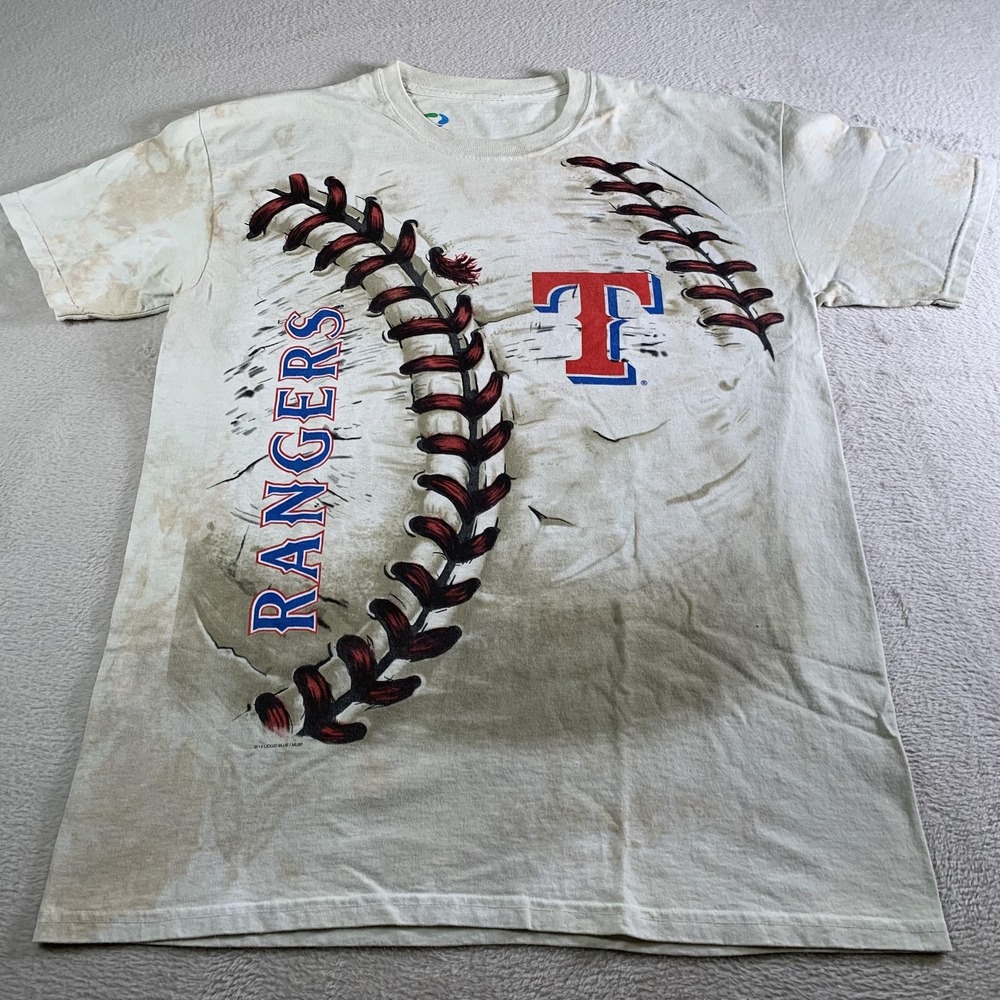 Texas Rangers Shirt Mens Large‎ Beige MLB Baseball Liquid Blue All Over Graphic